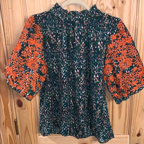 THML Vibrant Floral Puff Sleeve Blouse - Orange and Green - Picture 3 of 7